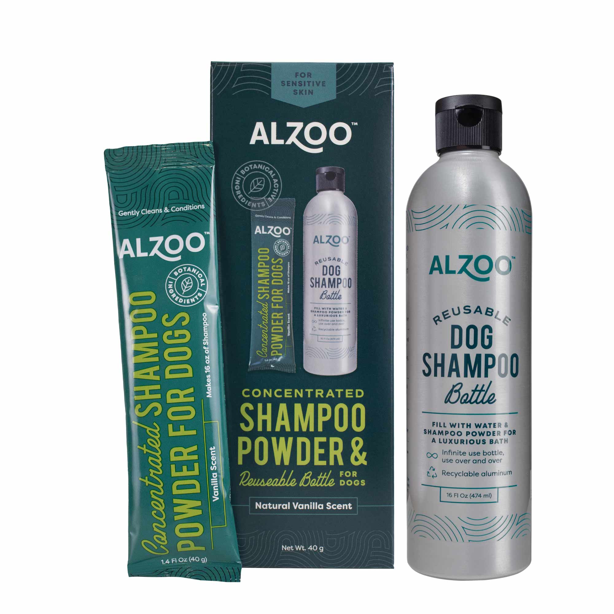 ALZOO Plant-Based Concentrated Dog Shampoo Powder Kit & Refillable Pouches, 40g (16 oz)