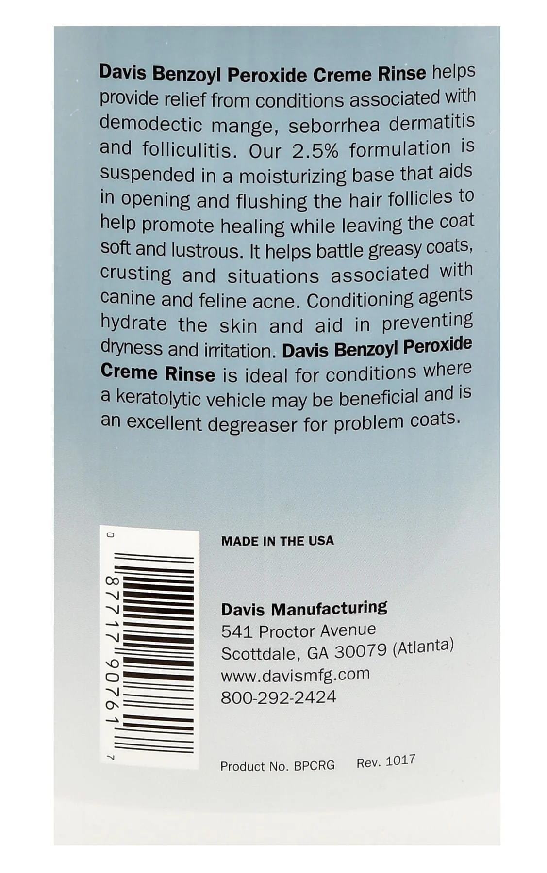Davis 2.5% Benzoyl Peroxide Crème Rinse for Dogs & Cats - Image 6