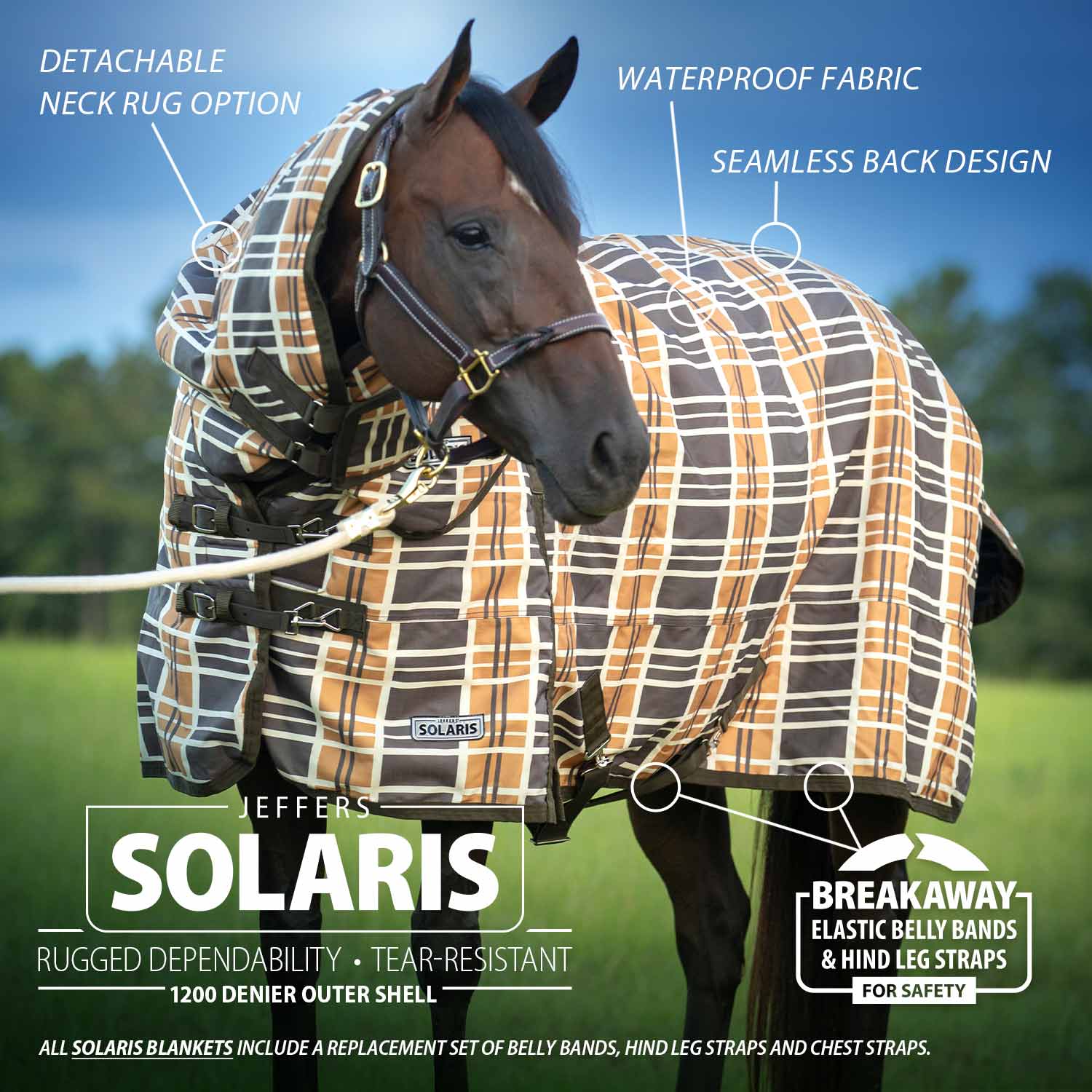 Jeffers Solaris 1200 Denier Heavy Weight Horse Turnout Blanket with Neck Rug, 360g Fill, Brown & Cream Plaid - Image 2