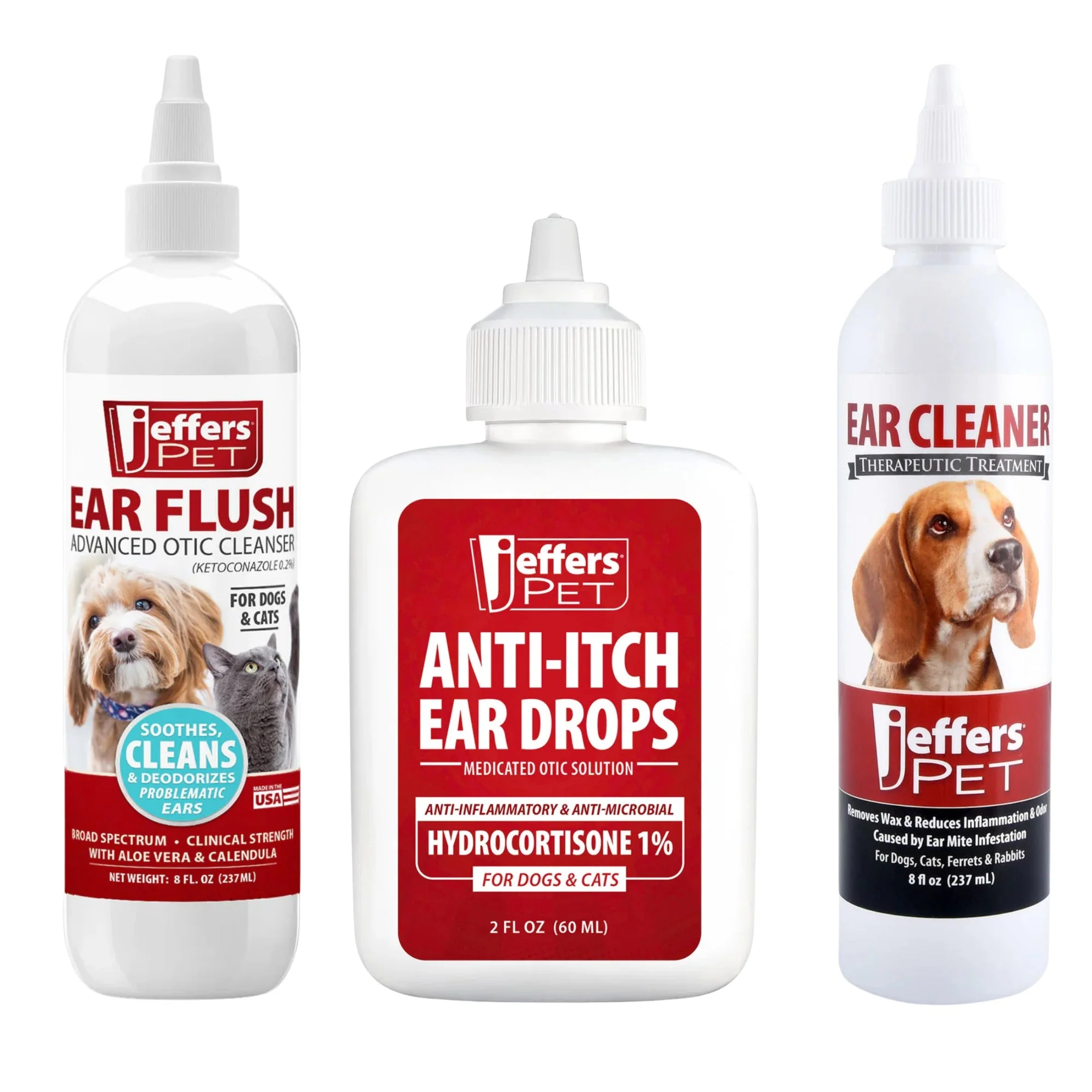 Jeffers Pet Ear Care Bundle, Ear Cleaner, Ear Drops & Ear Flush for Dogs & Cats, 3 Pack