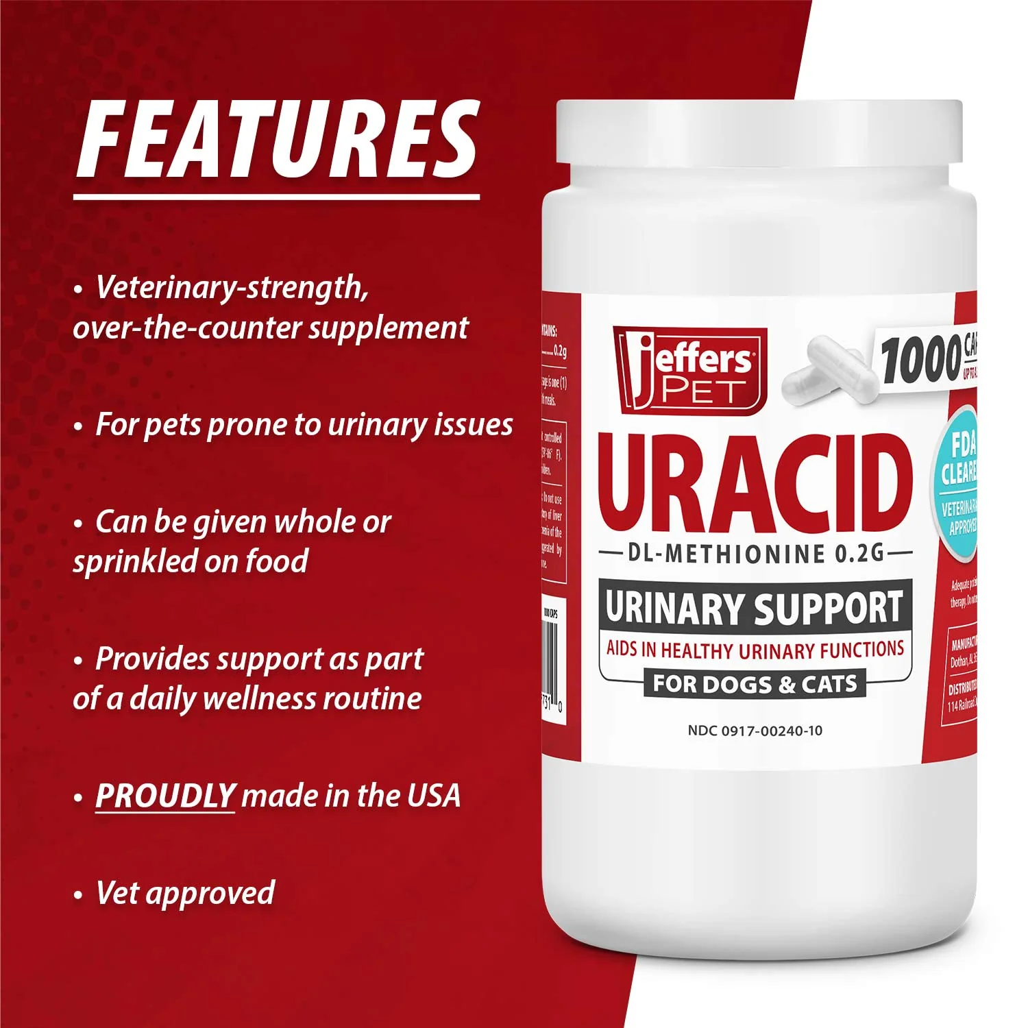 Jeffers Uracid DL-Methionine 0.2g Capsules for Dogs & Cats – Supports Urinary Tract, Reduces Urine Odor, Prevents Stones - Image 6