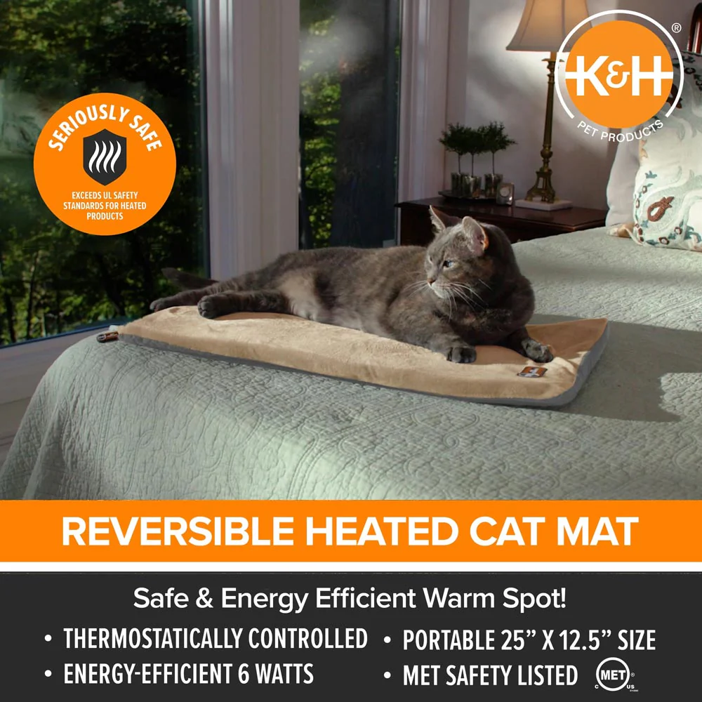 K&H Thermo-Kitty Mat Heated Cat Bed – Indoor Reversible Heated Cat Mat, Low-Wattage, Machine Washable, Cozy Nap Pad - Image 2