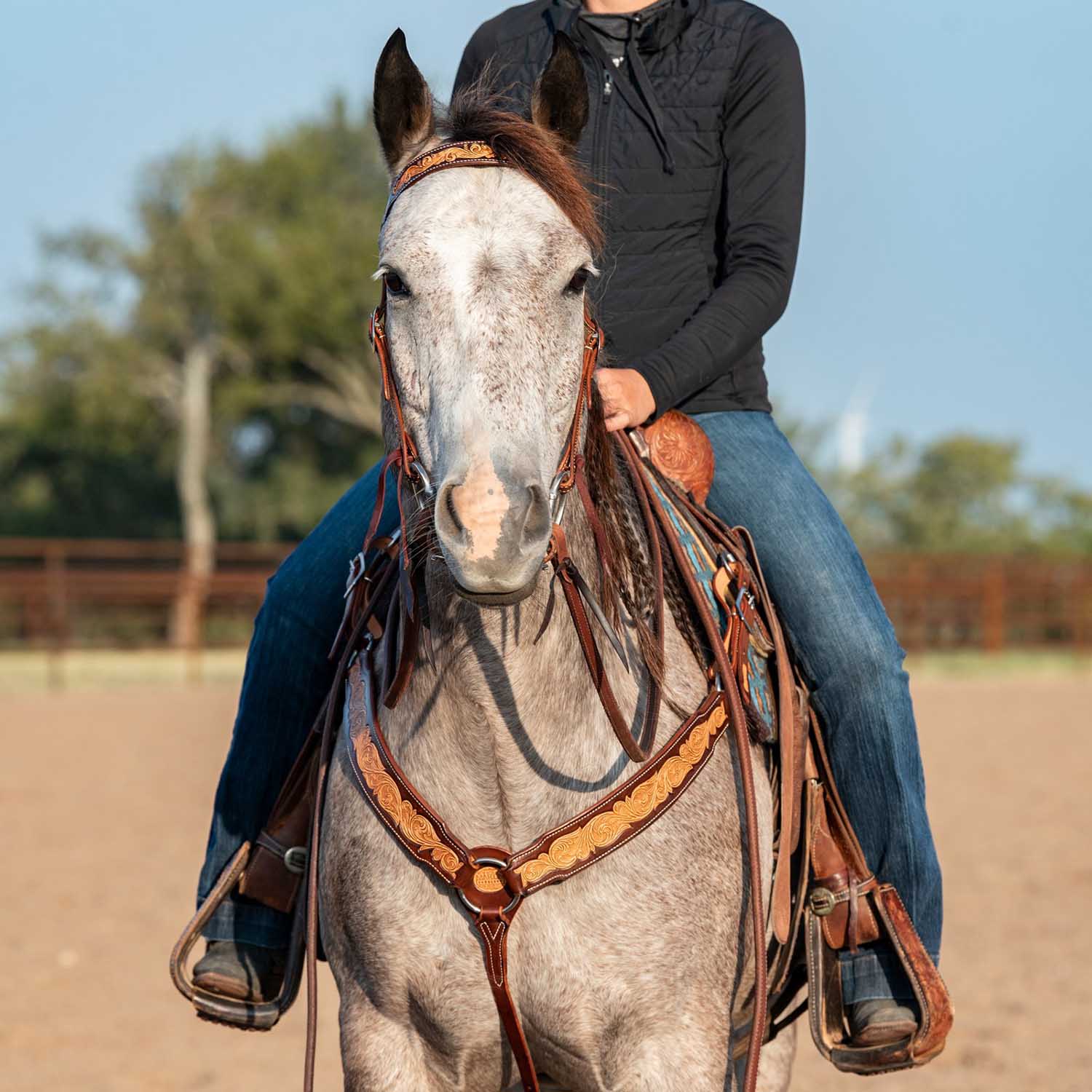 Martin Saddlery Leather Browband Headstall with Scroll Tooling - Image 4