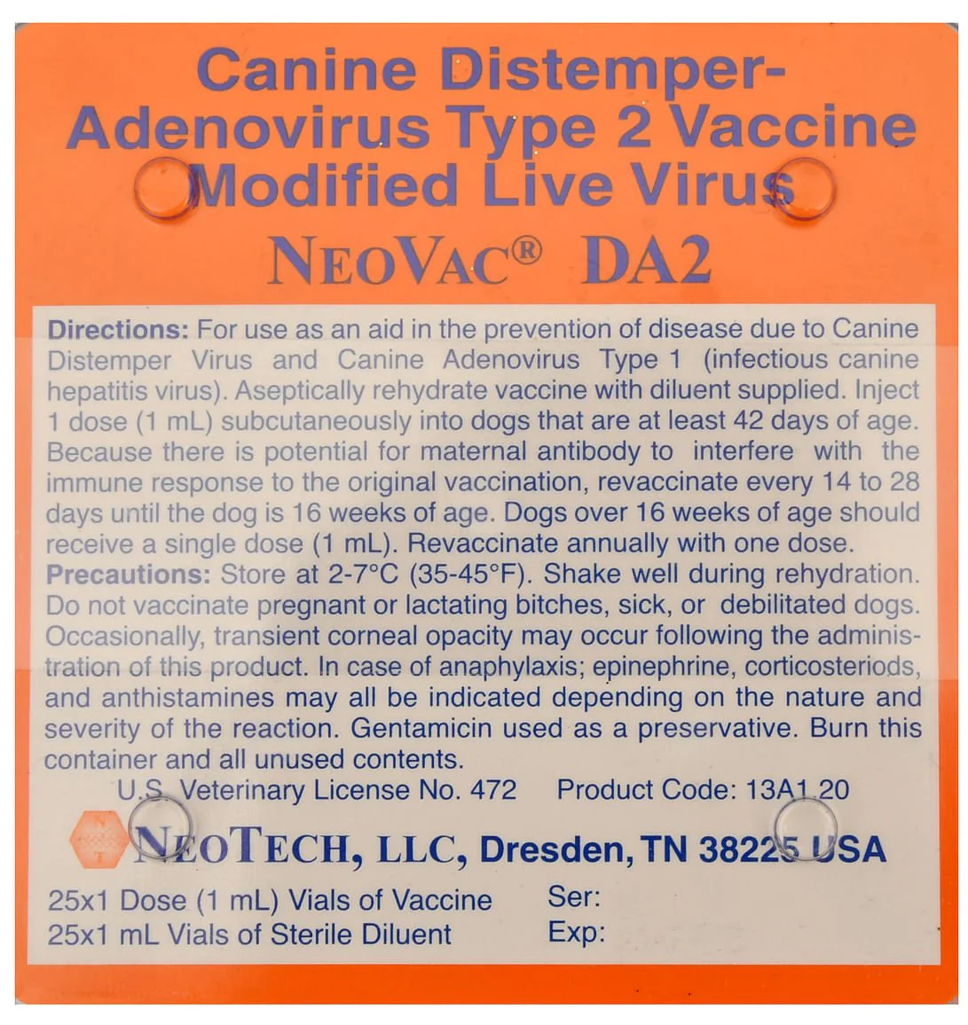 NeoVac DA2 Canine Vaccine – Distemper & Adenovirus Type 2, Modified Live, Puppy & Adult Dogs - Image 4