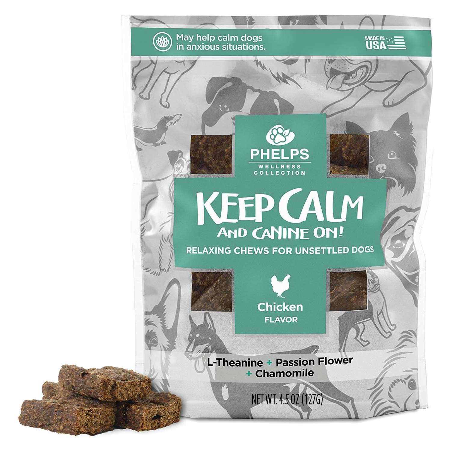 Phelps Wellness Functional Dog Chew Supplements – Calming, Digestive, Skin & Coat, Hip & Joint, Sensitive Stomach & Brain Support Treats, 4.5 oz